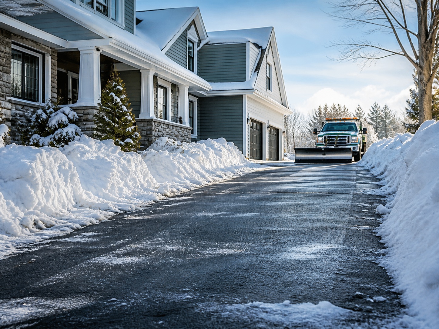 Freshly plowed residential driveway with snow banks cleared by Hunley